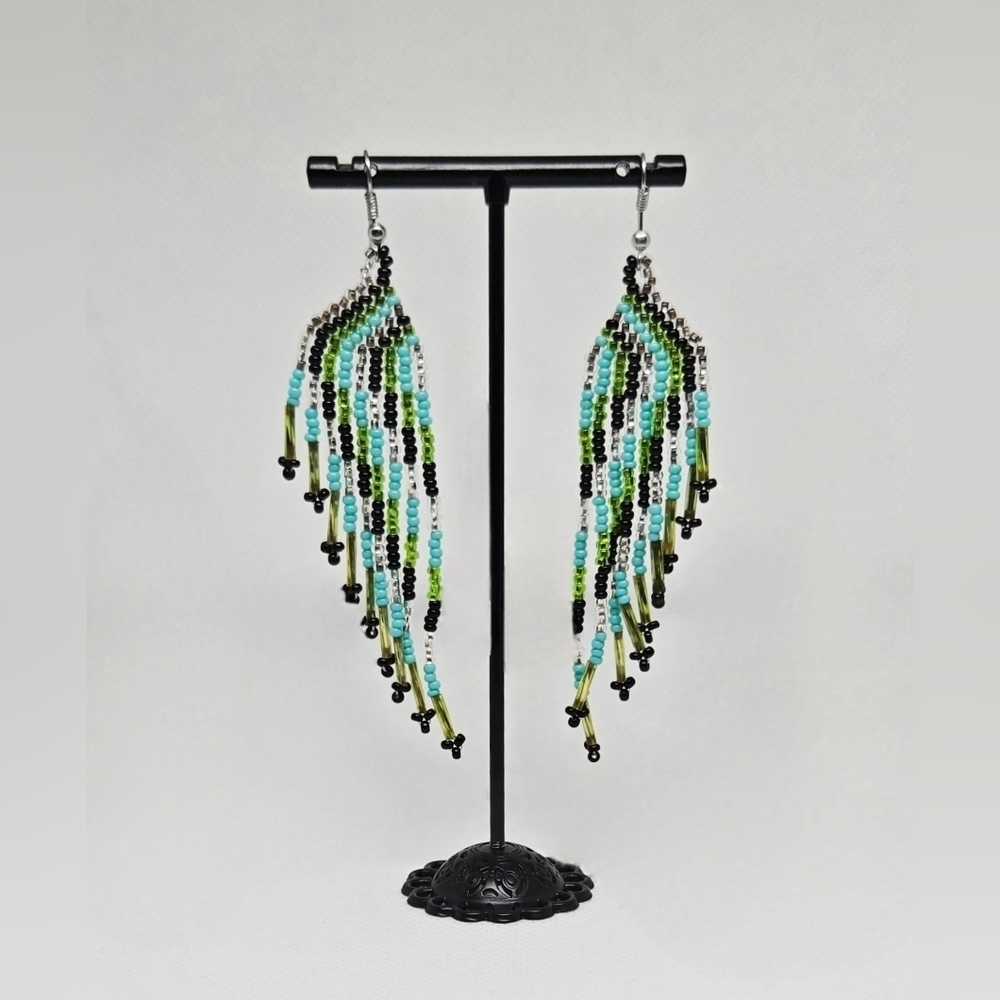 Handmade Beaded Fringe Earrings – Green, Blue & Black Boho Festival Jewelry